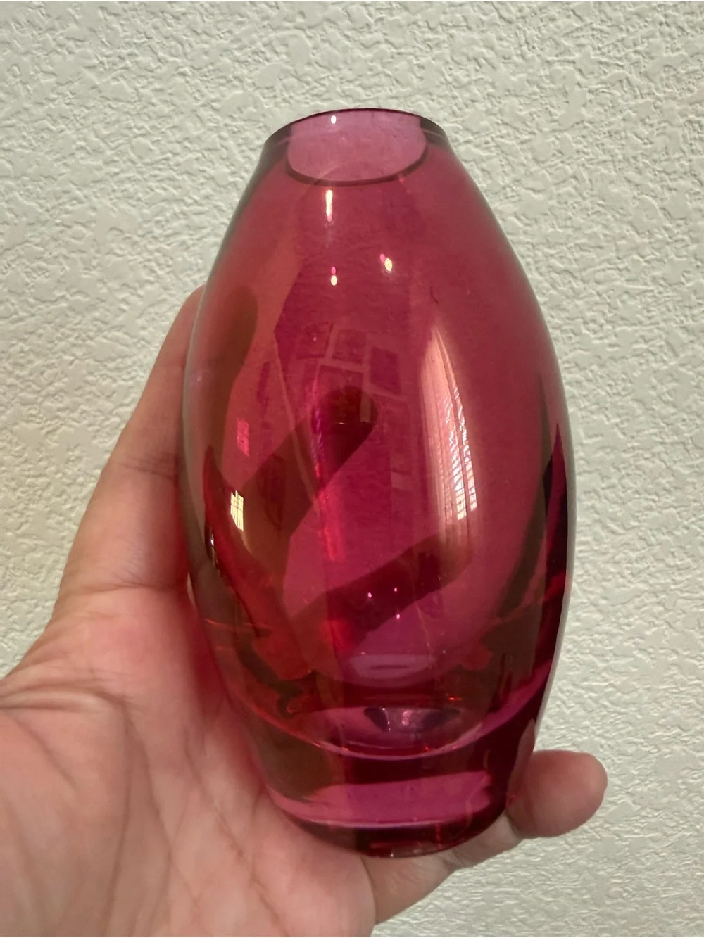 Iridescent Cranberry Rounded Teardrop Blown Art Glass 5” Vase